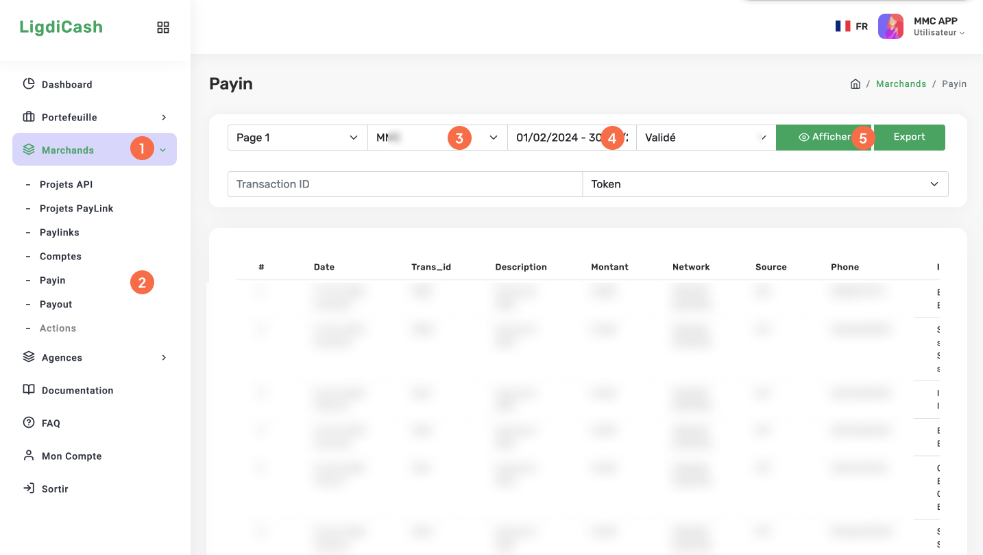 Liste des transactions